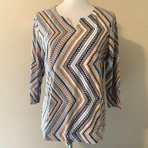 Chico's Multi Color Striped Print Split Neck Top